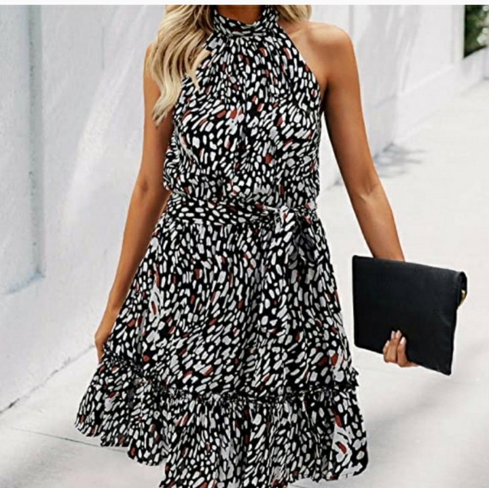 Xl Halter Neck Dress Sleeveless Casual Ruffle Floral Polka Dot Leopard Print